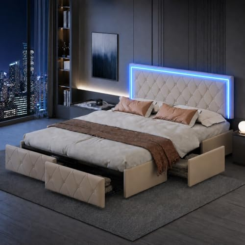 Letto Matrimoniale Imbottito con Luci a LED 140x200 cm, Struttura Letto Matrimoniale con 4 Cassetti, in Pelle PU, Letto con Contenitore, Supporto a Doghe in Legno, Non Necessita di Molle, Bianco
