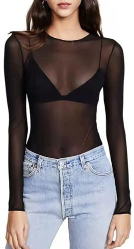 Femme Hauts Transparents T-Shirt à Manches Longues Top en Maille, Elastique Chemise Noir Manches Longues Top en Maille Sexy Blouse Sheer Mesh, Clubwear Tops en Filet à Mailles pour Soirée Club, S