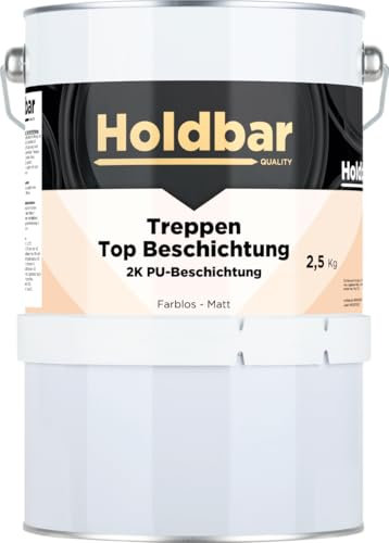 Holdbar Treppen Top Beschichtung Matt 2,5 kg - Treppenlack - Transparent - 2 komponenten Deckbeschichtung - Abriebfest - Innen- und Außeneinsatz - Auf Holz und Beton