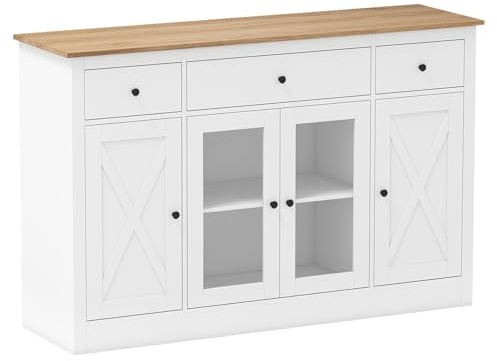 GiantexUK Wooden Buffet Sideboard, Large Kitchen Storage Cabinet with Adjustable Shelves, 3 Drawers & 2 See-through Doors, Freestanding Display Sideboard for Dining Living Room (White)