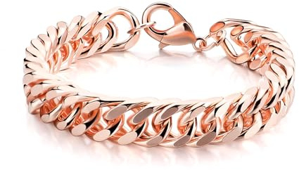 Quelay Cuban Link Chain Bracelet 12mm Width Rose Gold Chain Wrist Bracelets for Women Men 8.3 Inch Length Classic Solid Copper Link Jewelry Gift for Christmas Valentine's Day Birthday