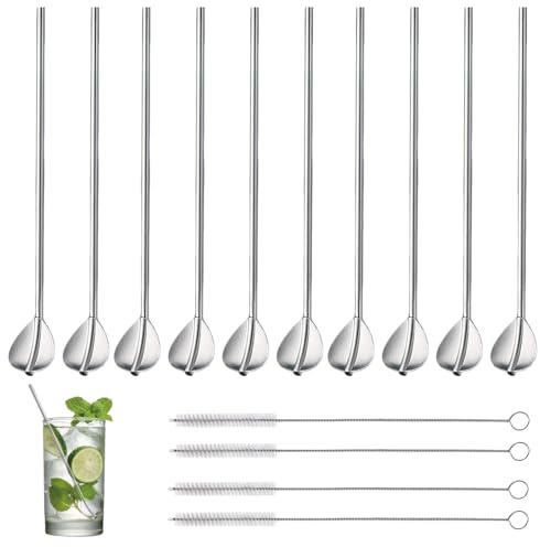 CHAOTEMAI 10 Pièces Cuillère Paille Inox Design 2 en 1 + 4 Pièces Brosse de Nettoyage Paille Cuillere Granita Extra Long Reutilisable pour Smoothies Yaourts Thé au Lait Cocktails Mojito