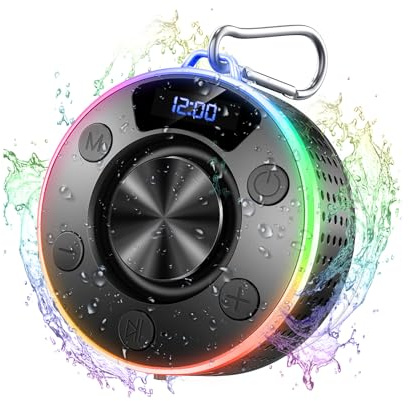 Bluetooth Lautsprecher, Klein Duschlautsprecher Bluetooth 5.3 mit Saugnapf | LED Licht, IPX7 Wasserdicht Tragbare Musikbox Leistungsstarker Kristallklarer Klang für Badezimmer, Bergsteigen, Reisen