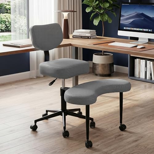 Meditationsstuhl, Ergonomics Crosses Legged Chair with Wheels, Kniestuhl Mit Lendenwirbelstütze Und Verstellbarem Neigungswinkel for Home and Offices, 47–59cm einstellbare Höhe, Netzgewebe (grau)