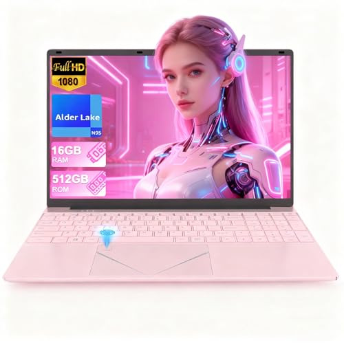 PINSTONE PC Portatile rosa da 15,6 - Processore N95 up to 3.4GHz Laptop Computer, 16 GB di RAM LPDDR4, 512 GB di SSD Notebook, display FHD 1920 x 1080, portatile leggero per studiare e lavorare