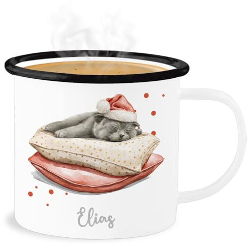 Emaille Becher Blechbecher - Weihnachtstasse - Weihnachtskatze mit Name personalisiert I Katzen Motiv Geschenke Katzenliebhaber Weihnachten Katzenfan Geschenk Weihnachtsmotiv - 300 ml - Weiß Schwarz