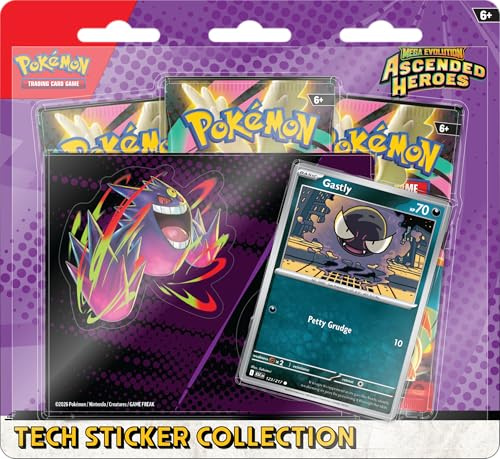 Pokémon TCG: Mega Evolution - Colección de calcomanías tecnológicas de héroes ascendidos - Gastly (1 Tarjeta Promocional de Aluminio y 3 Paquetes de Refuerzo)