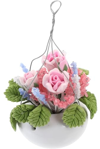 SHINEOFI 1/12 Scale Miniature Pink Rose Hanging Basket, Mini House Potting Ornament Flower Model for Dollhouse Decor and Fairy Garden Accessories