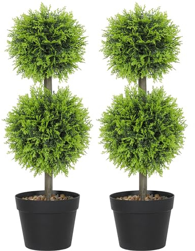 HOMCOM Set med 2 dekorativa konstgjorda växter, konstgjorda buxbom bollar topiary 60 cm i kruka, konstgjorda växter för inomhus- och utomhusbruk, grön
