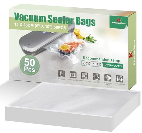 KitchenBoss Lot de 50 sacs sous vide pour emballage alimentaire sous vide : 15 x 25 cm, sans BPA, sac prédécoupé, pour machine à emballer sous vide