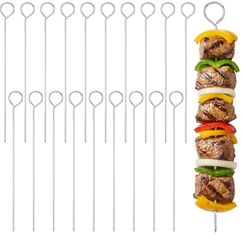 20 Pcs Metal Grill Skewers, 8 Inch Stainless Steel Kabob Skewers for Grilling, Reusable Kebab Skewer Metal BBQ Skewer for Kabobs Barbeque Chicken Fruit Vegetable Camping
