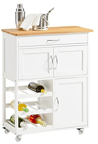 SoBuy Meuble Cuisine à roulettes freinées & Plan, 67x86x38cm, pour Cuisine | Desserte Cuisine avec tiroir, casier à vin 3 niveaux & porte-serviettes, charge 60 kg, MDF/PB, coin repas/extérieur, FKW45-WN