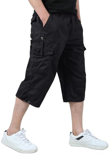 KEFITEVD Pantalones Cortos Capri 3/4 para Hombre Pantalones Cortos hasta la Rodilla Cargo Pantalones Cortos de Trabajo Holgados con 7 Bolsillos,Negro,40
