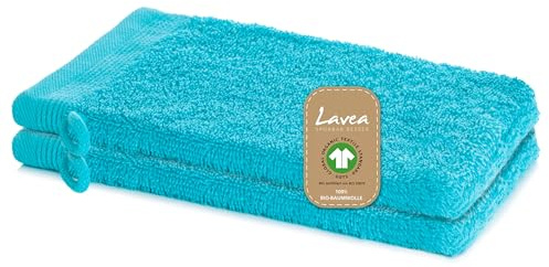 Lavea® 2er Set Waschlappen 16 x 22 cm, Bali Waschhandschuhe Frottee, Waschandschuhe für Gesicht und Körper, kleine Handtücher, 100% GOTS Bio-Baumwolle, Premium Frottier Gesichtshandtücher, Türkis