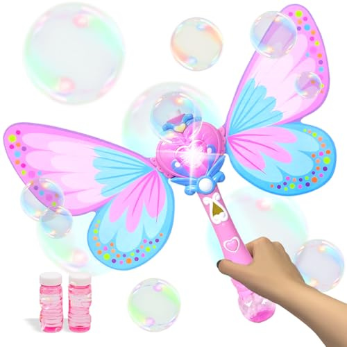 Kingsport Magic Bubble Wand Blower, Musical Light Up Butterfly Fairy Stick Bubbles Marker Toy for Kids, Party Wedding Outdoor Activity Bubble Machine with 2 Bottle Bubbles Refill (Pink)