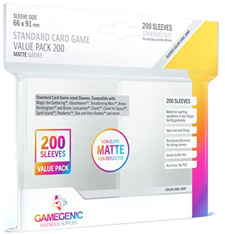 Gamegenic, MATTE Standard Sleeve Value Pack 200, Zubehör | 200 Hüllen pro Packung, Hüllengröße: 66 x 91 mm, Kartengröße bis zu 64 x 89 mm, Sleeve Code: Gray, Farbe: Transparent
