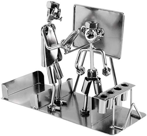 BRUBAKER Schraubenmännchen Lehrer mit Stiftehalter - Handarbeit Eisenfigur Schule Metallmännchen mit Visitenkartenhalter und Fach für Notizzettel - Metallfigur Geschenkidee