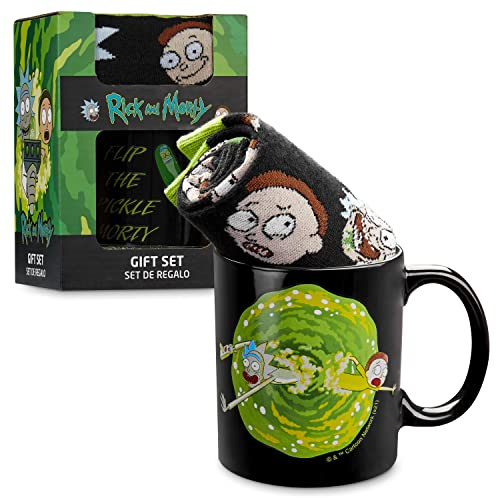 RICK AND MORTY Kaffeebecher-Geschenkset, Rick and Morthy Kollektion, Porzellanbecher und baumwollreiche Socken, 1 Becher und 1 Paar Socken, Rick und Morty Geschenkset für Männer