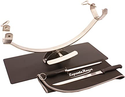 Soporte jamonero New Generation basculante con herraje Inoxidable y base de acero color negro mas set de corte, chuchillo jamonero, chaira y cubre jamón negro