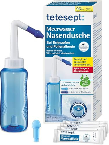 tetesept Meerwasser Nasendusche bei Schnupfen und Pollenallergie – Zur Nasenspülung mit zwei austauschbaren Aufsätzen auch für Kinder geeignet – Inkl. 4 Beutel Nasenspülsalz