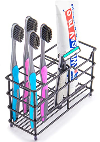 Stainless Steel Toothbrush and Toothpaste Holder for Bathroom – 7-Slot Black Organizer, Space-Saving Hygienic Storage with Modern Design for Countertop