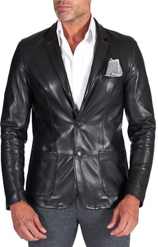D'Arienzo Blazer Veste Cuir Noir Homme Blouson élégante Agneau Cuir véritable Made in Italy Luke 56/3XL/Noir