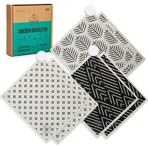 Harps&Seb 6-Pack, Reusable Swedish Dishcloths,Super Absorbent Washable Swedish Dish Towels with Convenient Hanging Clips, No Odor, Biodegradable, Non-Scratch Reusable Paper Towels