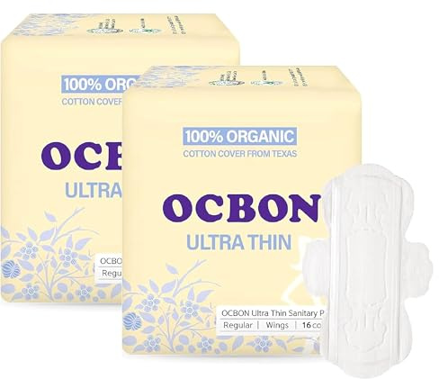 OCBON Unscented Ultra Thin Sanitary Pads (32 Count, Regular) – Organic Cotton Feminine Pads with Wings for Women, Super Absorbent & Soft, Period Protection, Hypoallergenic