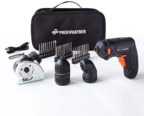 Profi-Partner 3-in-1-Akkuschrauber, Winkelaufsatz, 27 Bits, LED | Schneidaufsatz, einstellbares Drehmoment, Chrom-Vanadium-Stahl, USB-Ladefunktion, für Montagearbeiten