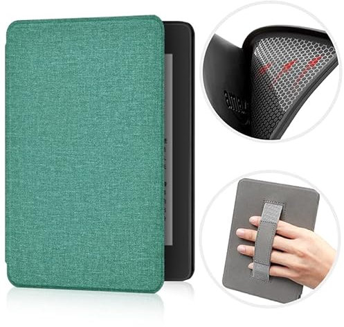 ERUNTO Hülle für 6,8-Zoll-Kindle Paperwhite and Paperwhite Signature Edition, mit Stoffstruktur und Handschlaufe auf der Rückseite, magnetische Hülle mit intelligenter Weck-/Schlaffunktion(Grün)