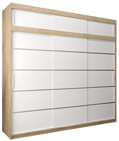 ABIKSMEBLE Armario con Puertas correderas Verona 1 250 Armario con Barra y Estante Armario de Dormitorio (Roble Sonoma + Blanco Mate con extensión)