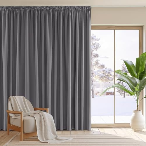 PONY DANCE Extra Breite Gardine Blickdicht Kräuselband Raumteiler Vorhang für Schiene 1er Set H 245 x B 300 cm Graue Verdunklungsvorhänge für Wohnzimmer/Schlafzimmer Thermogardine Hitzeschutz