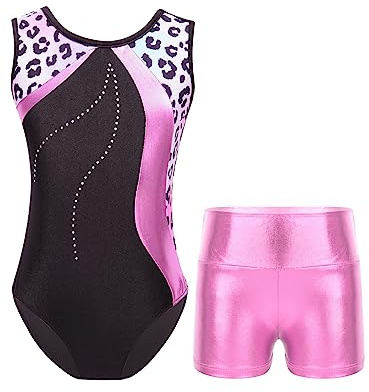 TTAO gymnastikdräkt barn flickor ärmlös gymnastikdräkt tröja dans gymnastik träning danskläder gymnastikbody med hårband och shorts, Leopard F, 122/128 cm