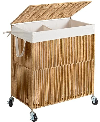 WOWLIVE Laundry Hamper with Wheels, Handwoven Rolling Laundry Basket with Lid, Clothes Hamper with Divided Removable Liner Bag, 115L Large Capacity Laundry Sorter Laundry Room Organization, Natural