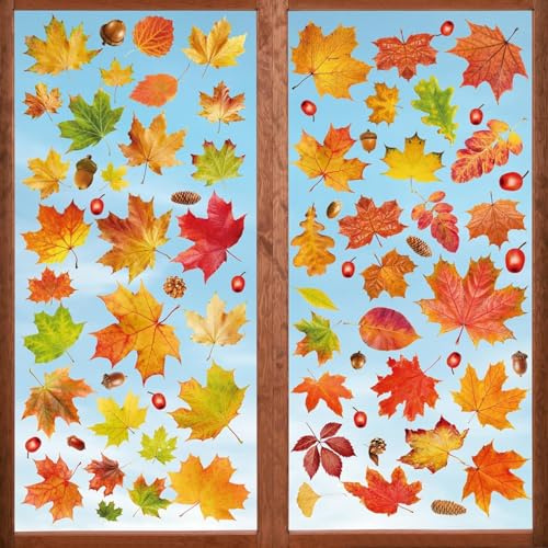 78pcs Erntedankfest Fensteraufkleber, Herbst Fensterbilder, Thanksgiving Herbstdeko Fenster Aufkleber, Fensterbilder Herbst Selbstklebend, Herbsts Blätter Fenster Aufkleber für Kinderzimmer Dekor