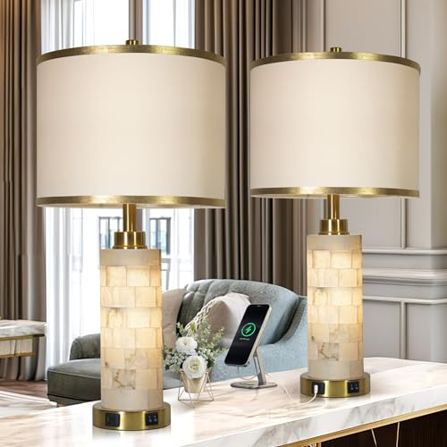 KIVDITZO 27 Alabaster Table Lamps Set of 2, Lamps for Living Room Bedroom,Bedside Lamps with Night Light,Nightstand Lamp with USB A+C Ports,Modern Table Lamp with Linen Shade (Bulbs Included)