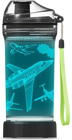 OkiyiD Kinder-Wasserflasche, Flugzeug-Thema Light-Up Sport Cup mit 3D leuchtenden LED-Flugzeug Licht - 14 OZ Tritan BPA-frei - Geschenke für Schule, Camping und Urlaub