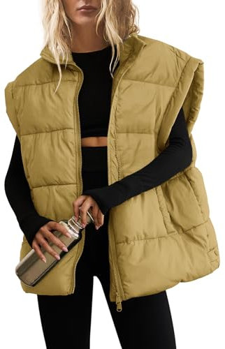 SENSERISE Übergroße Pufferweste für Damen, gesteppt, Blasenweste, Puffy Coats, Reißverschluss, Oberbekleidung mit Taschen, gepolsterte Weste, Fuchsrot, Medium