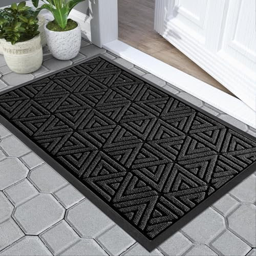 Yimobra Durable Front Entrance Door Mat, Heavy Duty Outdoor Indoor Doormat Entryway Floor Mat, Non Slip Rubber Backing, Easy Clean Shoe Scraper, Waterproof, Patio, Lawn, 43x75 cm, Black