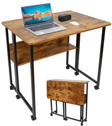 Fiutazge Mesa Escritorio Plegable con Ruedas y Almacenamiento, Mesa Plegable de Pequeño Espacio para Estudio, Casa Oficina, Computadora Manualidades,Marrón Rústico y Negro