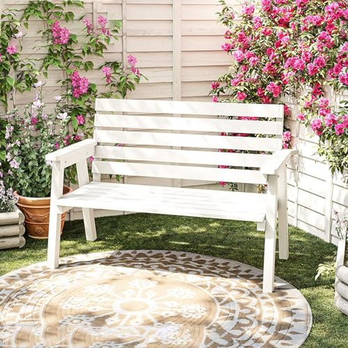 GAMAK Gartenbank Holz 2/3 Sitzer, Gartenbank Wetterfest mit Rückenlehne und Armlehne, Balkonbank Gartenmöbel Bank für Balkon, Terrasse & Garten (Color : White, Size : 120cm)