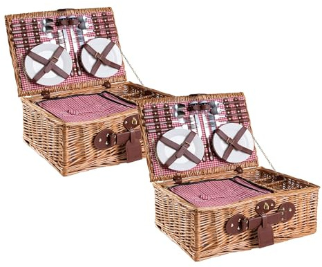 eGenuss 2 Handgefertigte Picknickkörbe für 4 Personen mit Kühlfach, Edelstahlbesteck, Porzellanteller, Weingläser, Salz- und Pfefferstreuer | ROT