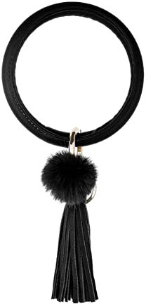 Damen-Schlüsselanhänger in O-Form, einfarbig, PU-Leder, mit Quaste, Pompom, rund, Armband, Schlüsselanhänger, Schlüsselhalter, Ring, Handschlaufe/338