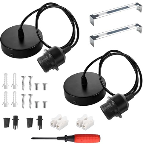 2 Pack E27 Pendant Light Fitting Metal Black with 150cm Braided Cable