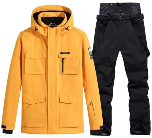 HOUZONIY Combinaison de ski pour homme - Respirante - Coupe-vent - Veste de neige avec capuche amovible - Pour le ski, le snowboard(Jaune+Noir XXL)