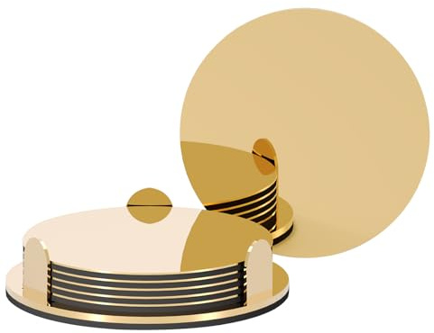 Anterrific Gold Stainless Steel Coasters with Holder, Modern Mirror Drink Coaster Set of 6, Unique Round Cup Coasters with Non-Slip EVA Base, Housewarming Décor for Coffee Bar and Dining Table