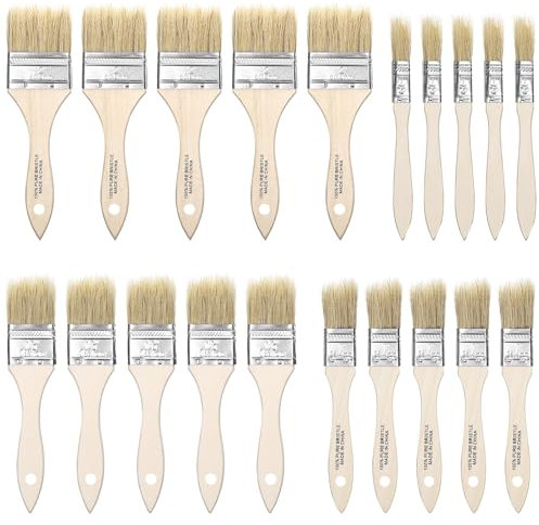 Zocipro 20 Stück Flache Pinselset, 50/35/25/15 mm Malerpinsel Profi Set mit Holzgriff, Pinsel Set Malerbedarf, Flachpinse, Lasurpinsel, LackPinsel Maler Pinselset für DIY Lack Lasur Wandfarbe