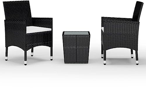 HETFTJN Sitzgruppe Outdoor Bierzeltgarnitur Terassenmöbel Außen Bistro Set - 3-TLG. Bistro-Set Poly-Rattan und Hartglas Schwarz für Balkon Café Terrasse Hof