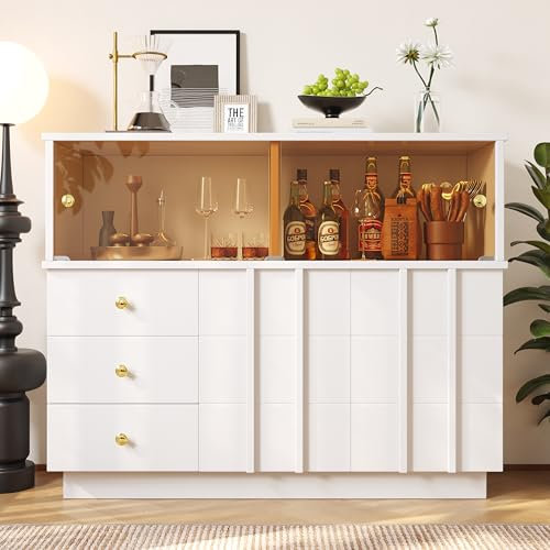 SogesHome Sideboard Buffet Küchenschrank Konsonlentisch Aufbewahrungsschrank Buffetschrank mit Glastüren 3 Schubladen 4 Staumfächern für Küche Esszimmer Wohnzimmer,120x33x95 cm