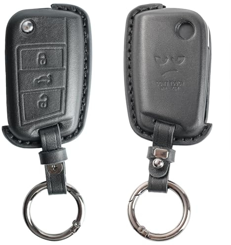 XUKEY Autoschlüssel Hülle für VW Skoda Seat, 3 Tasten Leder mit Anhänger | Schlüsselhülle für VW Polo Beetle Tiguan Skoda Seat, Schutzhülle Cover mit DON'T TOUCH MY KEY Muster